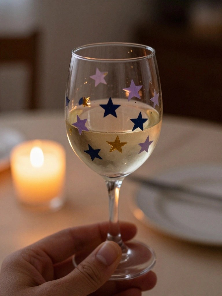 A hand holds a clear wine glass with scattered blue, purple, and gold stars painted on the bowl, next to a lit candle on a table.