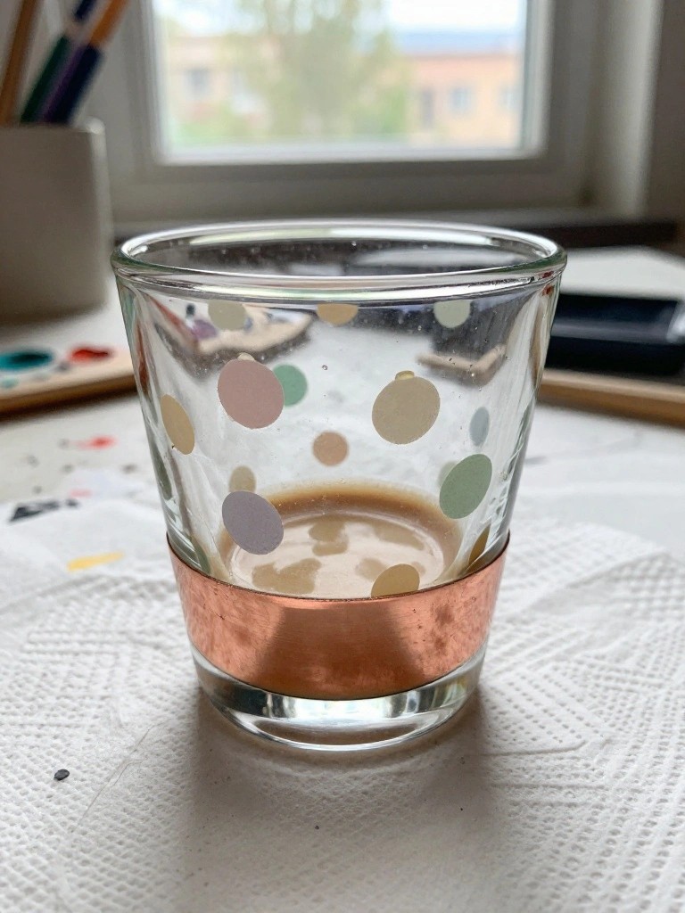 Polka-dotted glass with copper band holding brown liquid on white paper towel