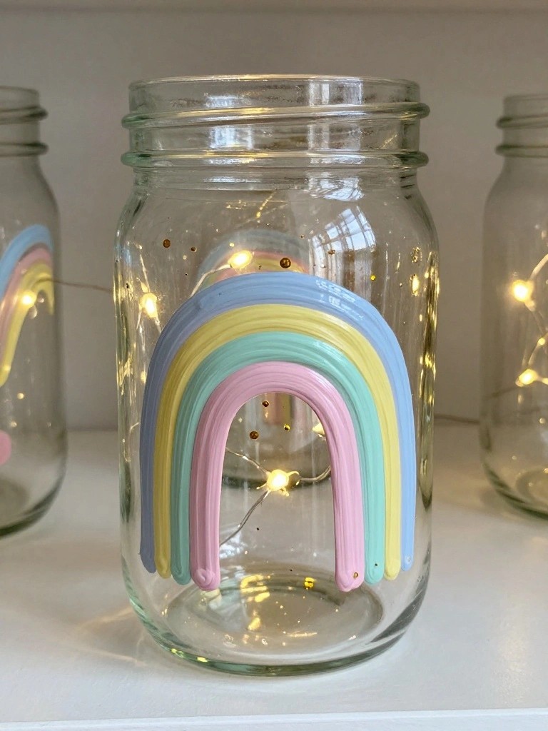 Glass jar with layered pastel rainbow and glowing fairy lights inside.