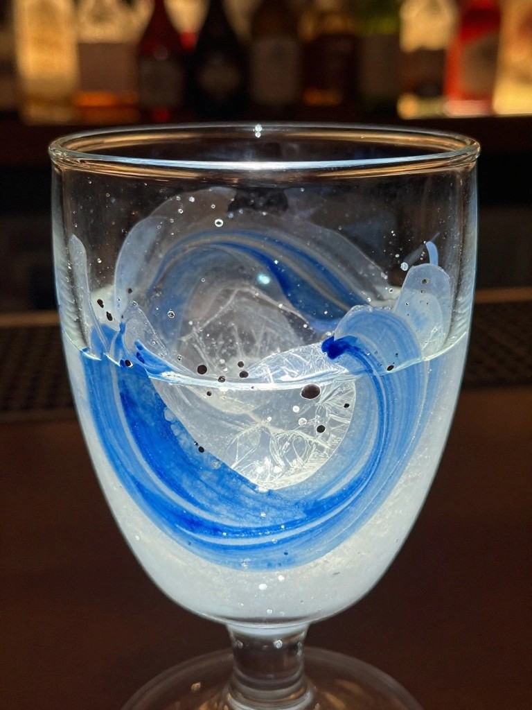 A clear stemmed glass goblet with blue swirling paint and scattered bubble dots.