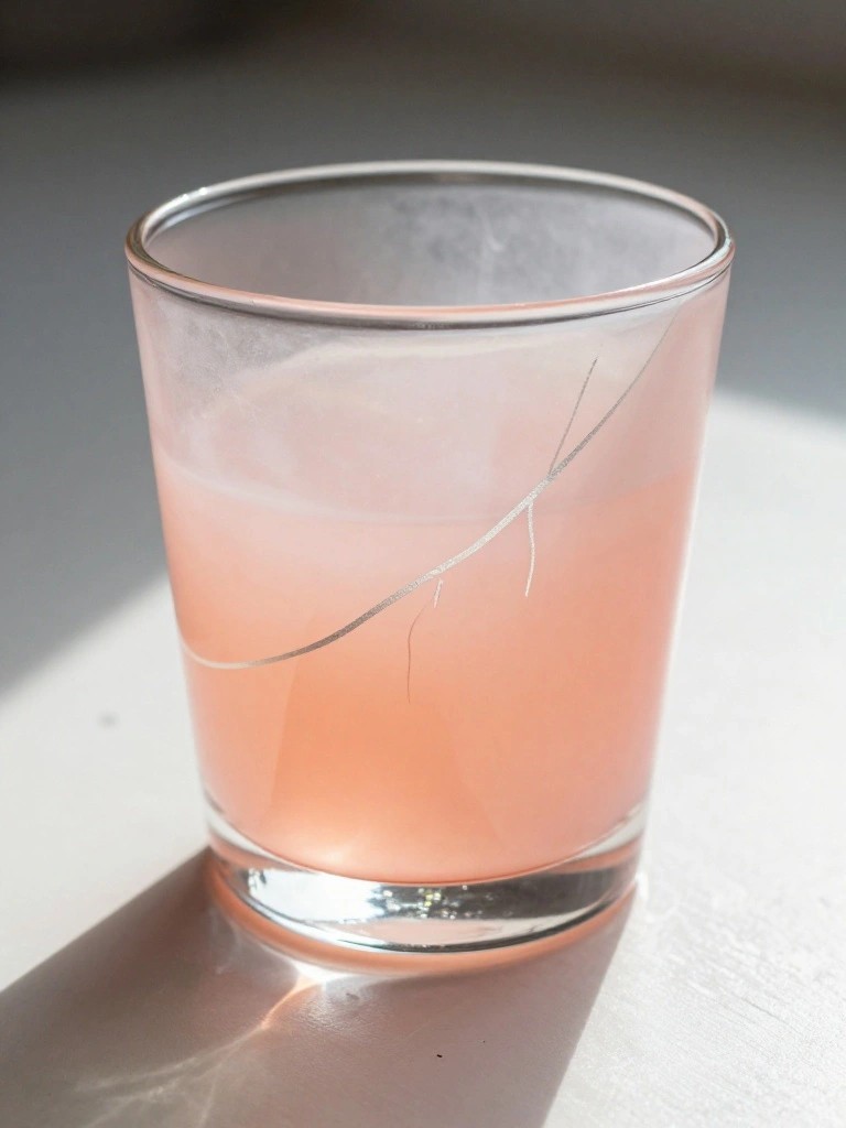 A short clear glass filled with pink liquid has a thin silver metallic line painted diagonally across its side.