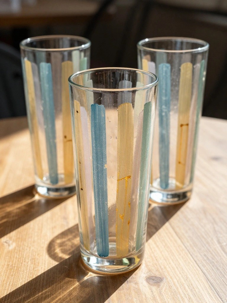 Three colorful striped glasses on a sunlit wooden table with shadows