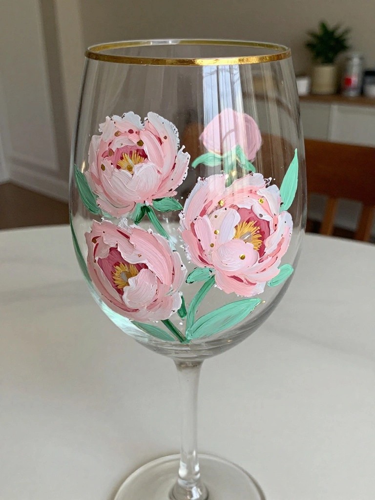 A clear wine glass with pink peonies, green leaves, and gold dots painted on the bowl plus a gold rim at the top.