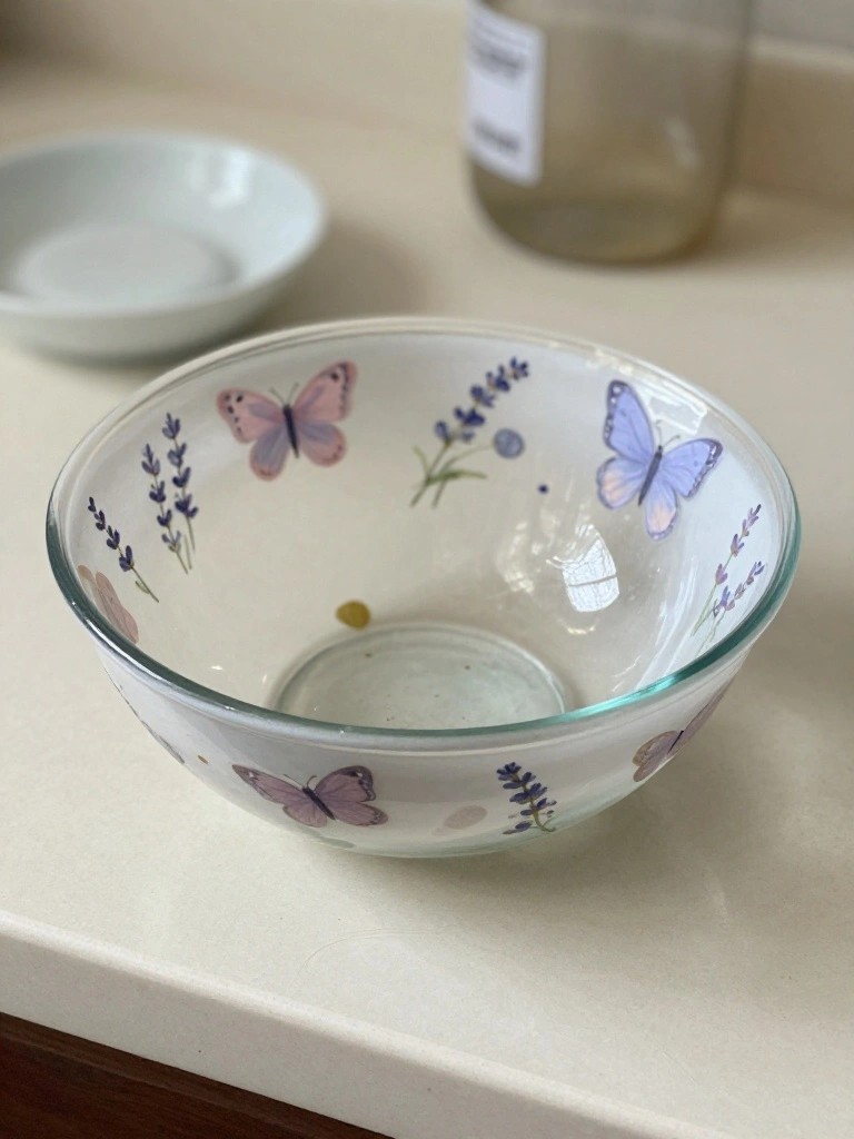 Glass bowl with colorful butterflies and lavender on white countertop