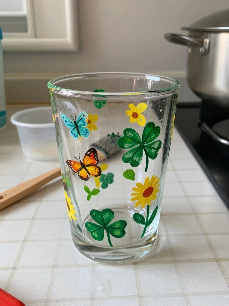 A clear glass tumbler painted with orange and blue butterflies, yellow flowers, and green clovers on a kitchen counter.