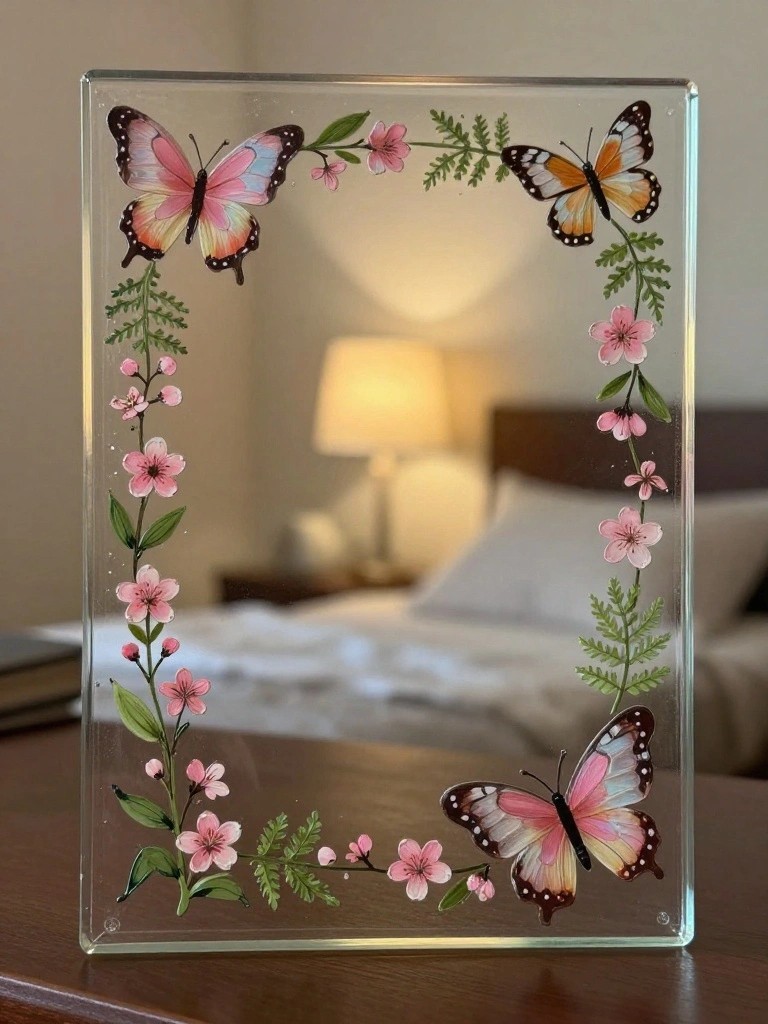 A rectangular clear glass panel with painted butterflies, pink flowers, and green leaves along the borders stands on a wooden table.