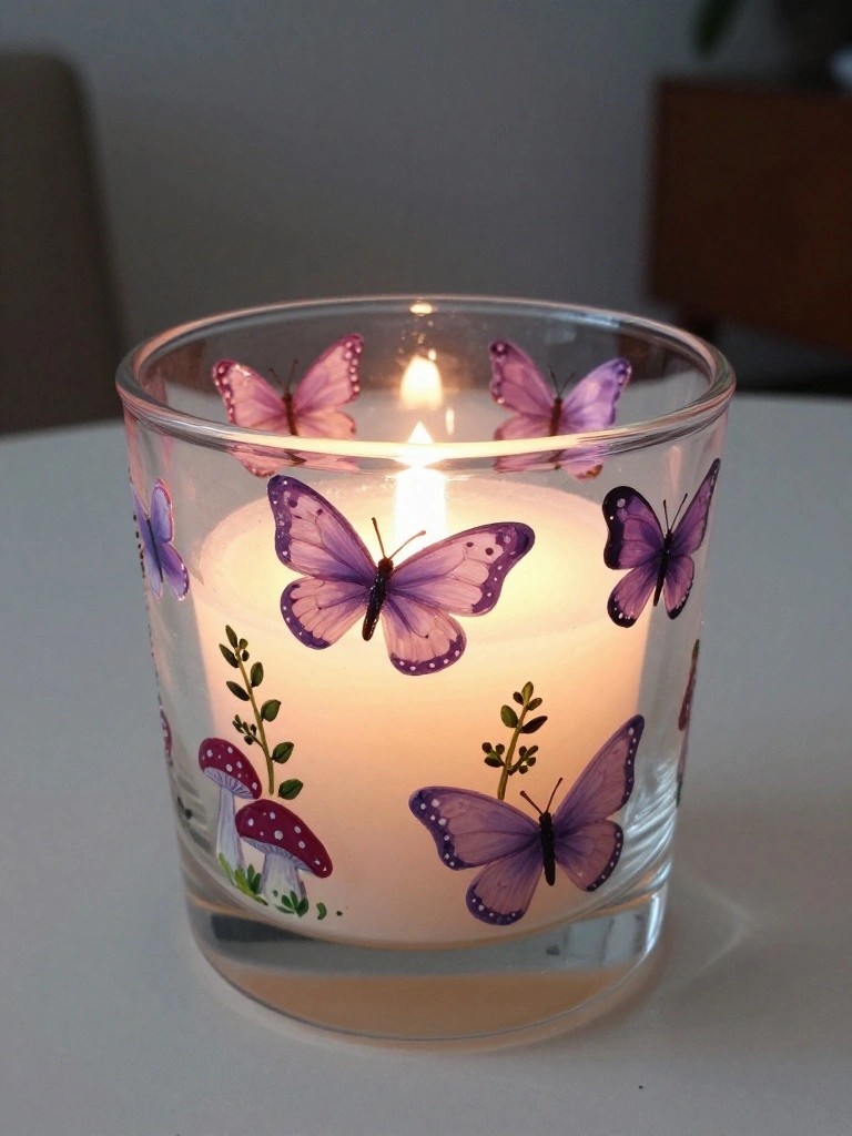 Lit candle in glass jar decorated with purple butterflies and mushrooms