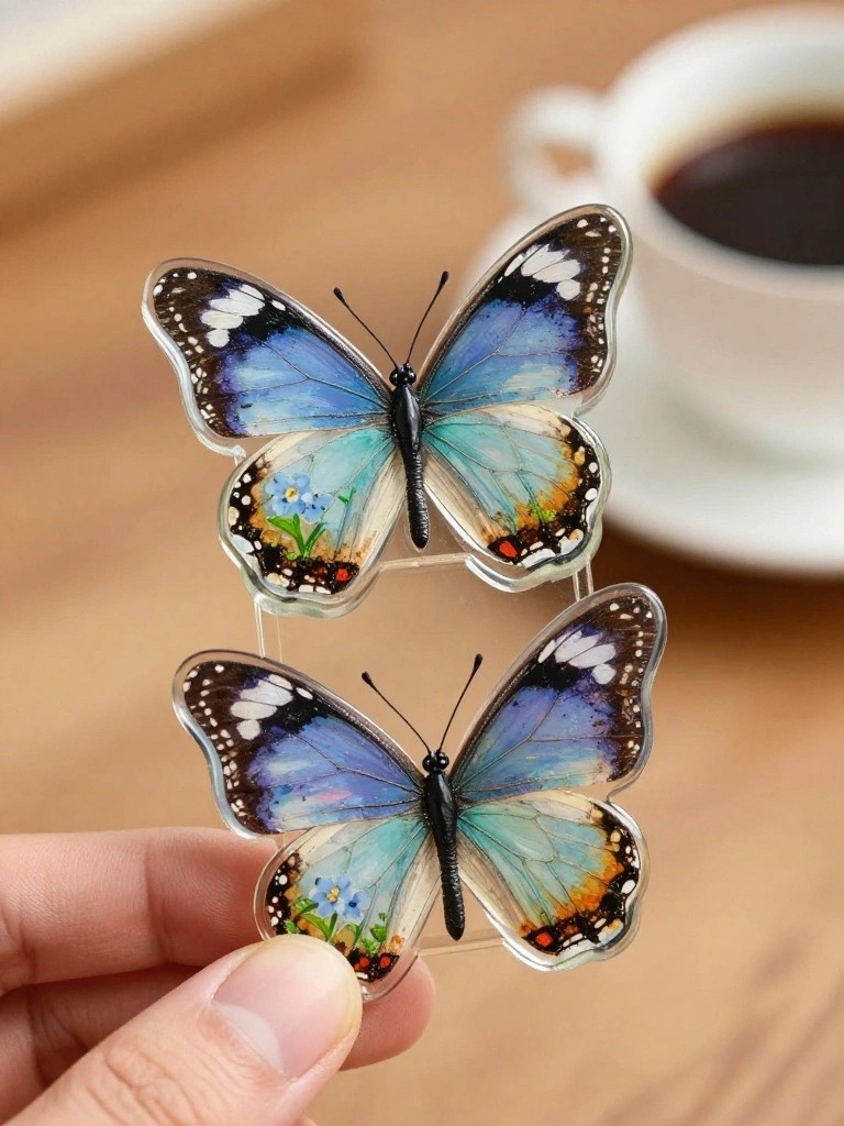 Hand holding two blue butterfly hair clips with floral details near coffee cup