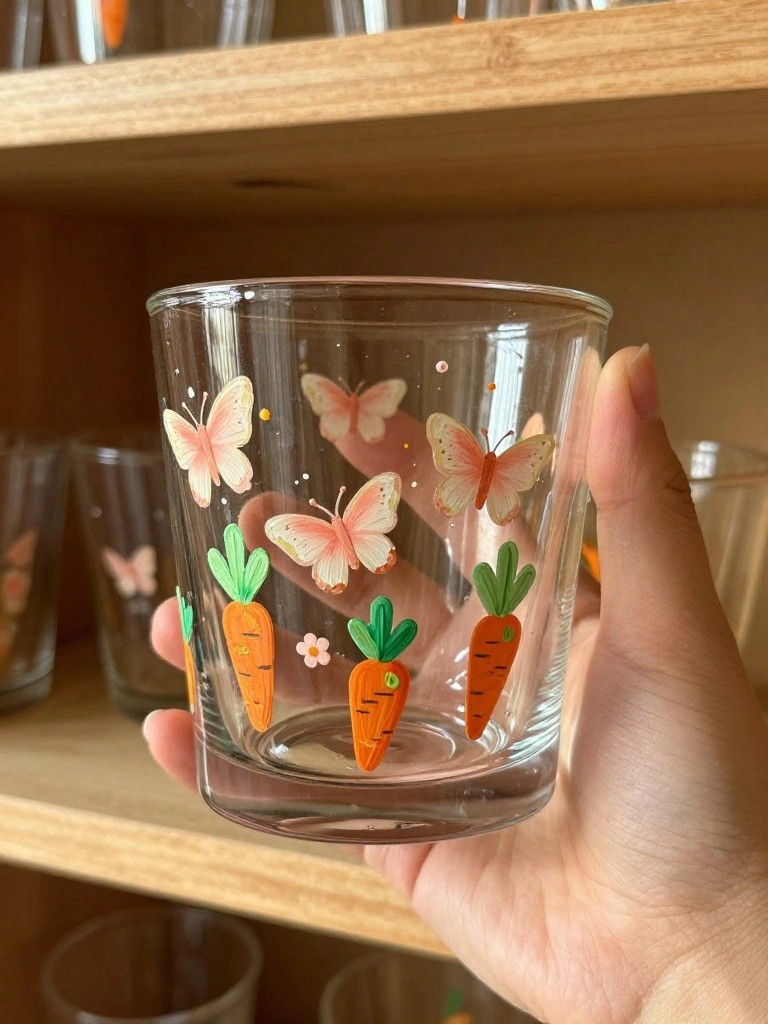 Hand holding clear glass tumbler painted with orange carrots and pink butterflies