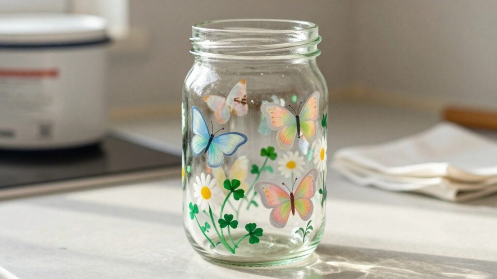 18 Whimsical Glass Painting Designs Featuring Butterflies and Garden Details Glass mason jar painted with colorful butterflies, daisies, and clovers in sunlight.