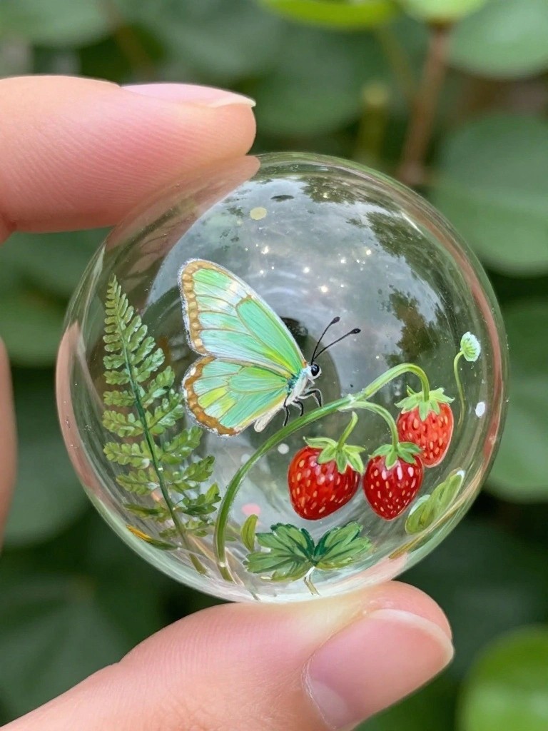 Hand holding glass sphere painted with green butterfly, red strawberries, and fern