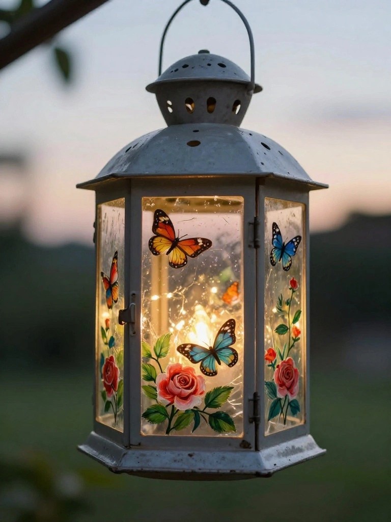 A metal lantern with glass panels painted with colorful butterflies and pink roses, lit from inside with string lights.