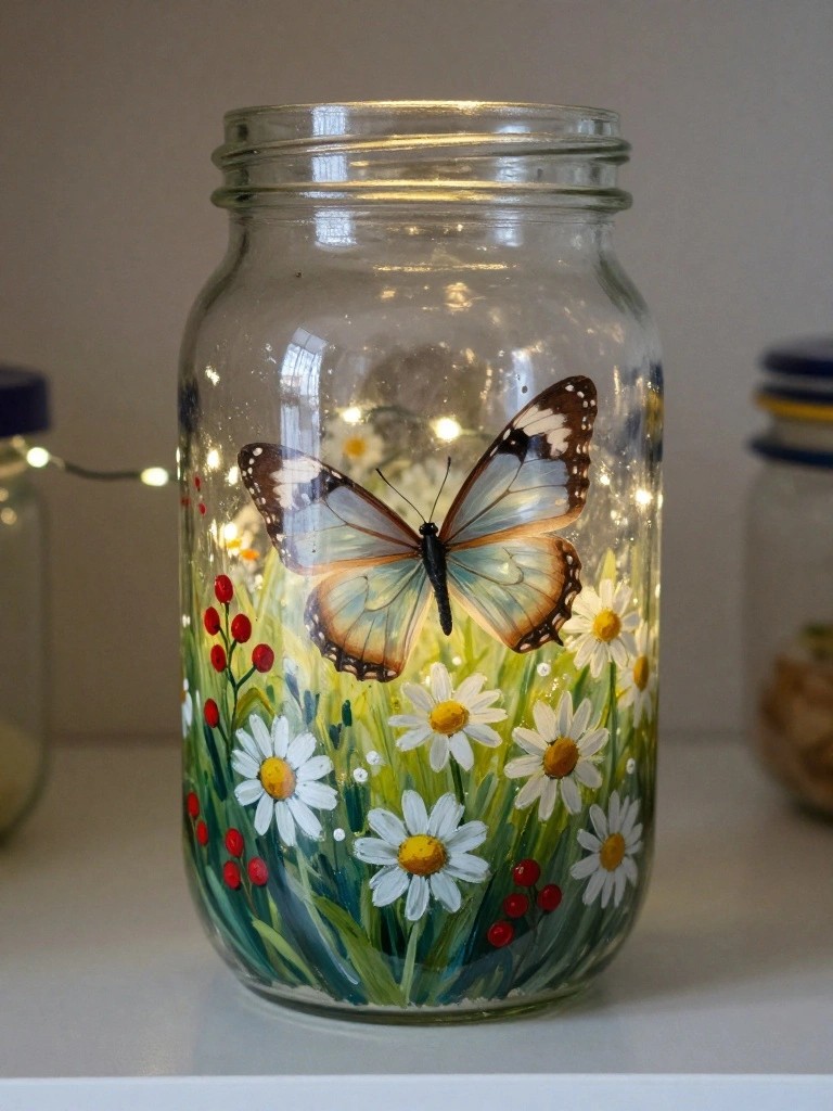 Painted glass jar with blue butterfly, white daisies, and glowing fairy lights.