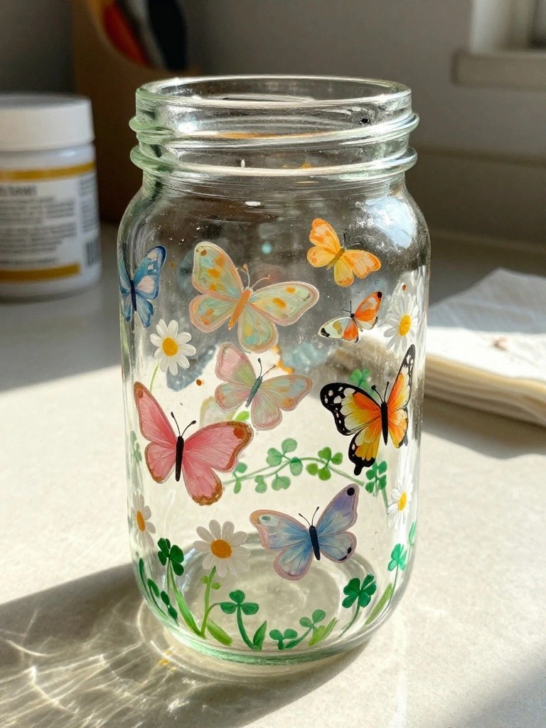 Glass mason jar painted with colorful butterflies, daisies, and clovers in sunlight.