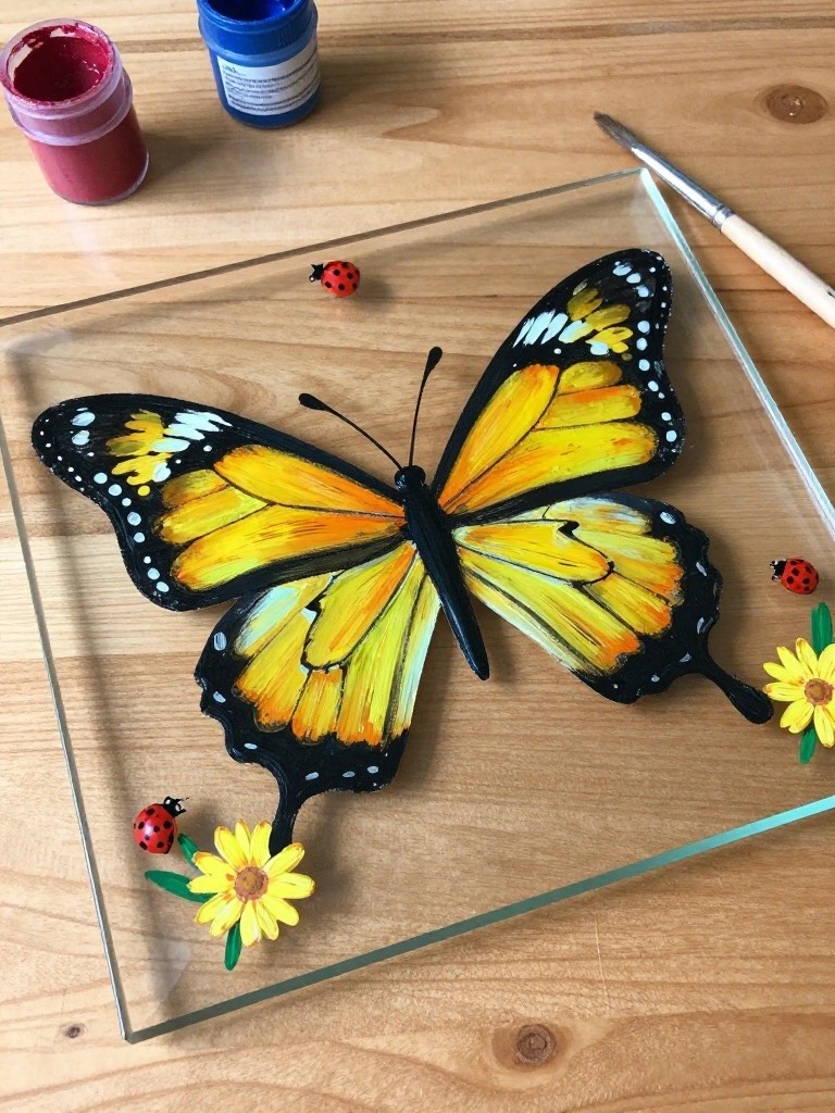 A clear glass panel painted with a large yellow and black butterfly, three ladybugs, and two yellow flowers rests on a wooden table next to red and blue paint jars and a brush.