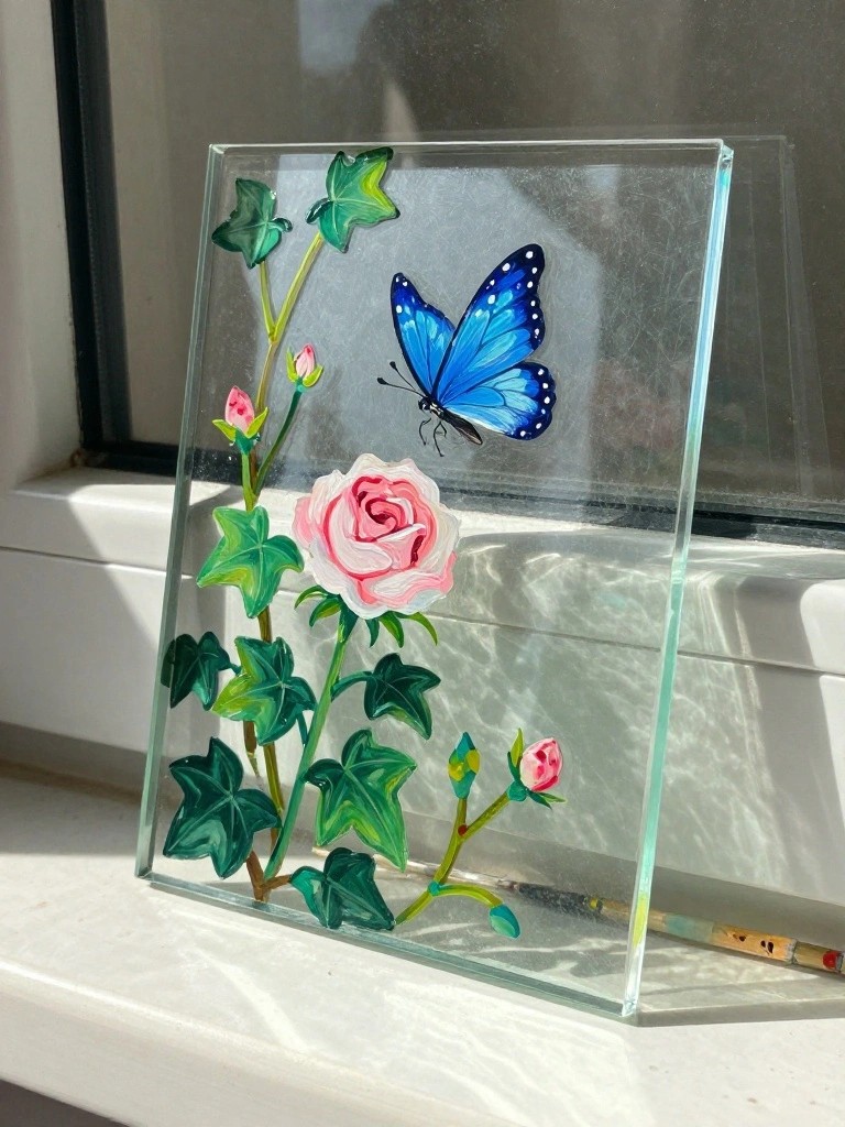 Painted glass with blue butterfly, pink rose, green ivy on sunny windowsill