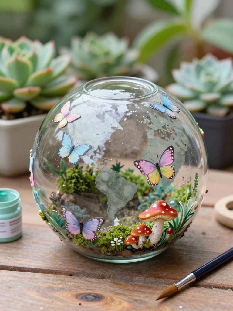 A clear round glass bowl painted with colorful butterflies, red mushrooms, and green moss sits on a wooden table next to a paint jar and brush.
