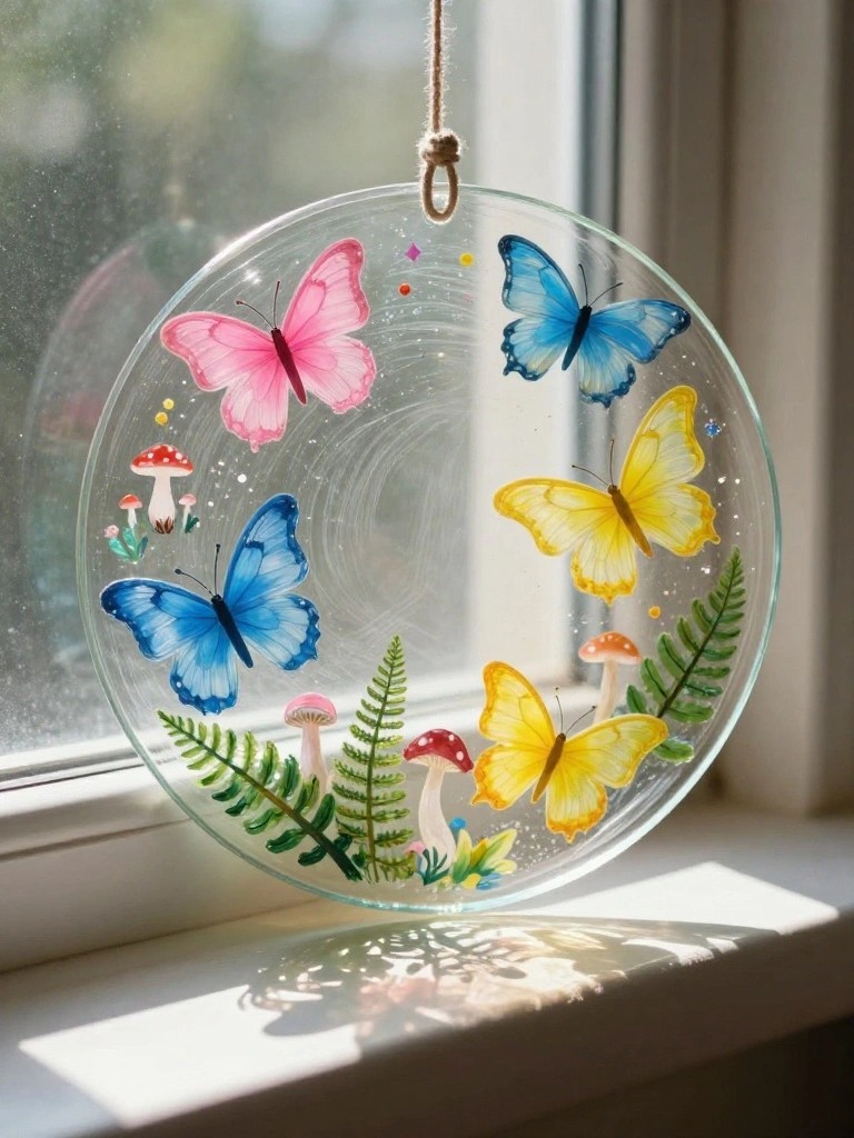 Round glass ornament with colorful butterflies, mushrooms, and ferns by window.