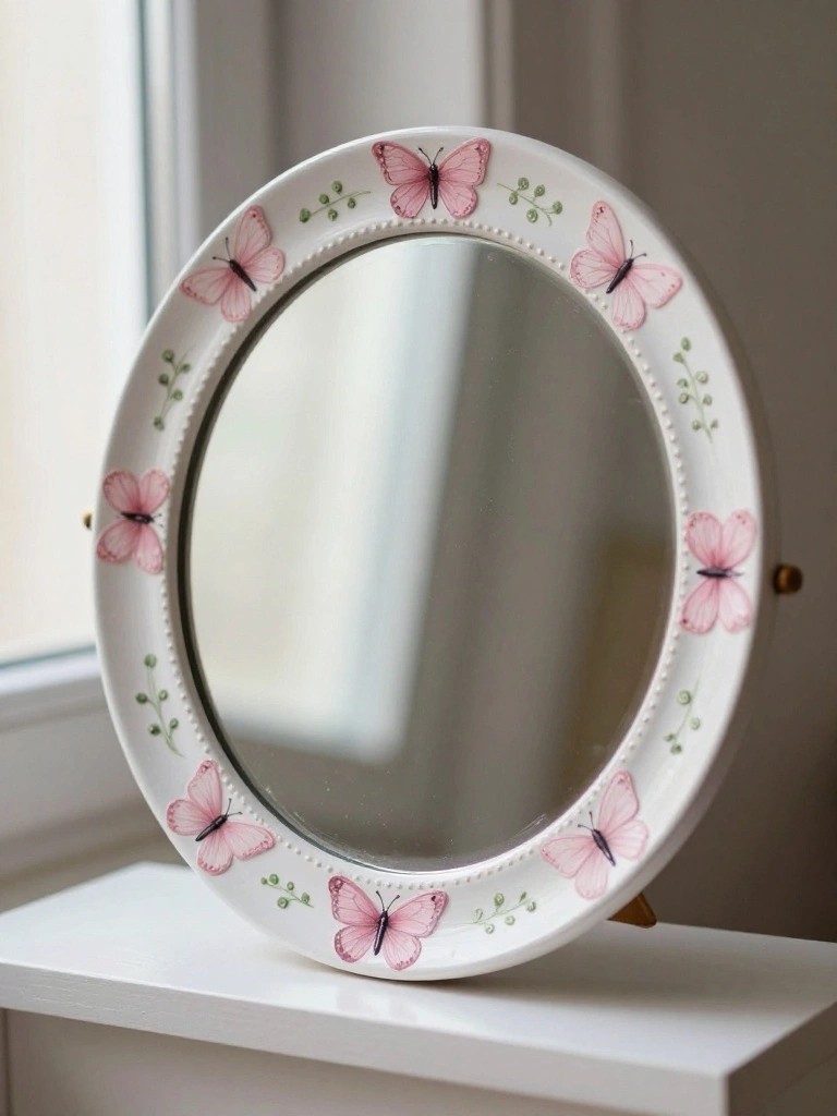 Round white mirror with pink butterflies and green vines on a windowsill.