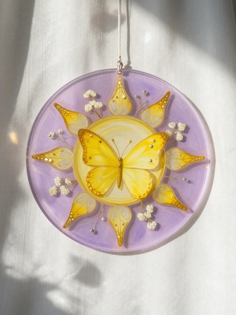 Yellow butterfly on purple circular resin with golden leaves and white flowers