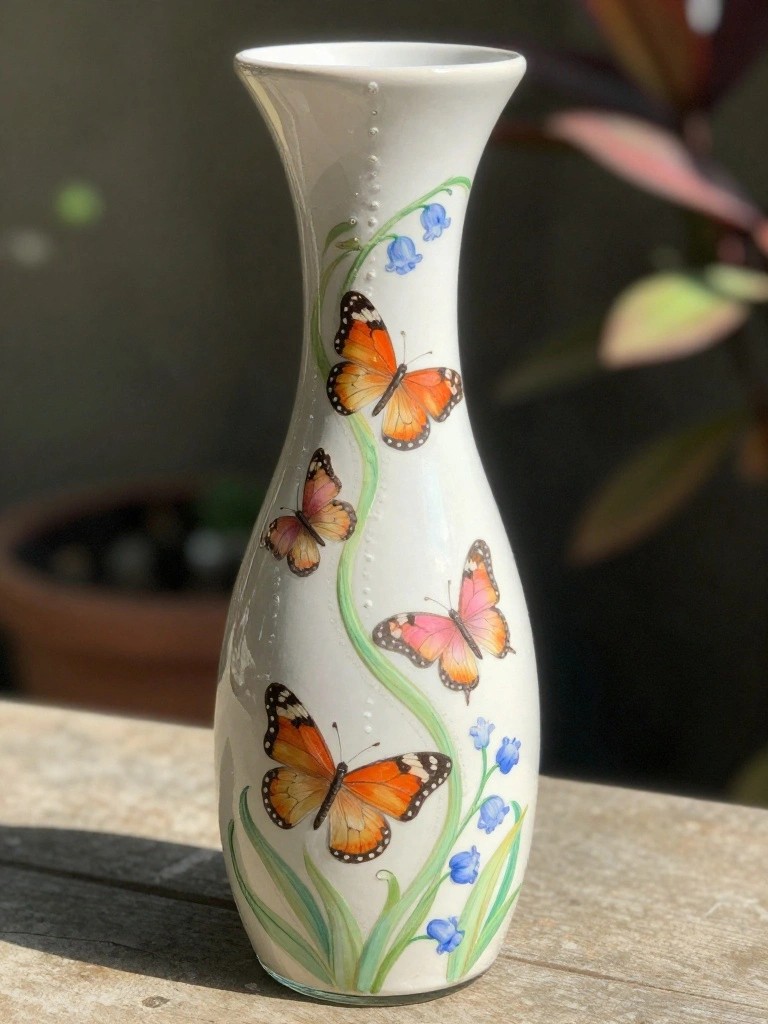 White vase with orange-pink butterflies, blue flowers, and green vines on wood.