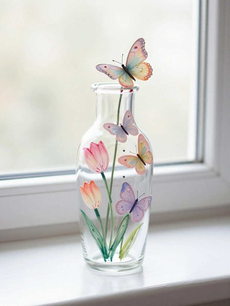Clear glass vase with painted tulips and butterflies, live butterfly on rim.