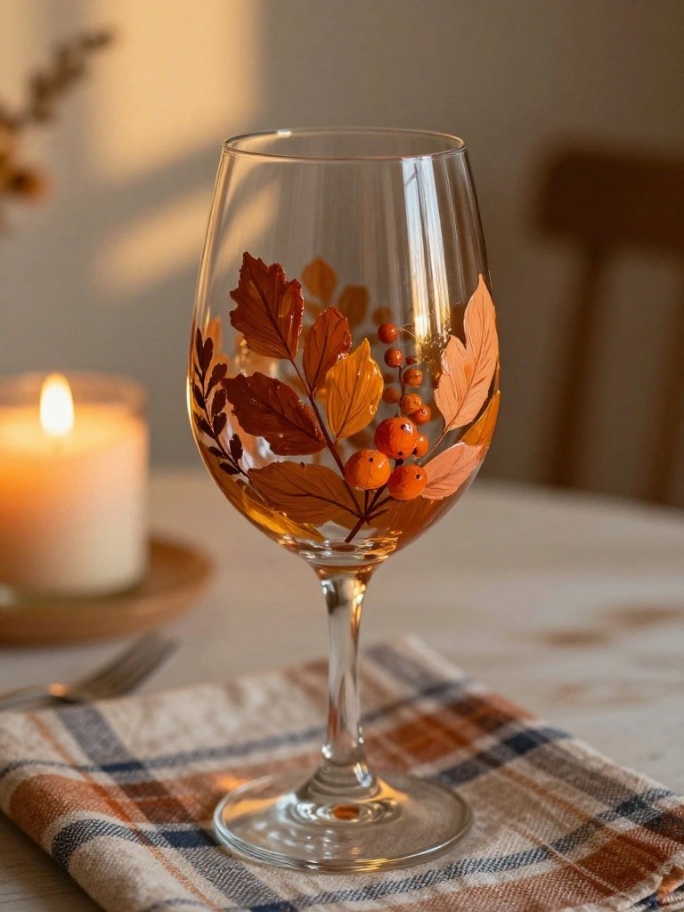Wine glass with painted autumn leaves and berries on plaid napkin by lit candle
