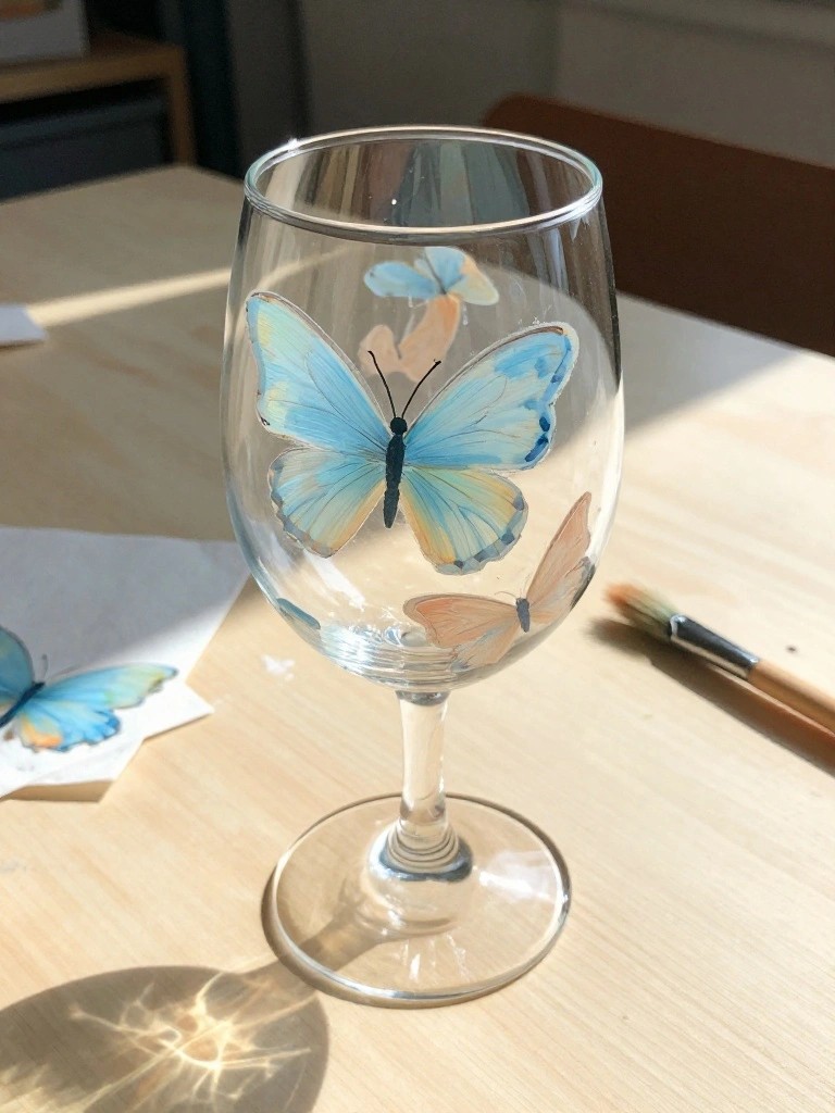 Wine glass with large blue butterfly and smaller orange ones on wooden table