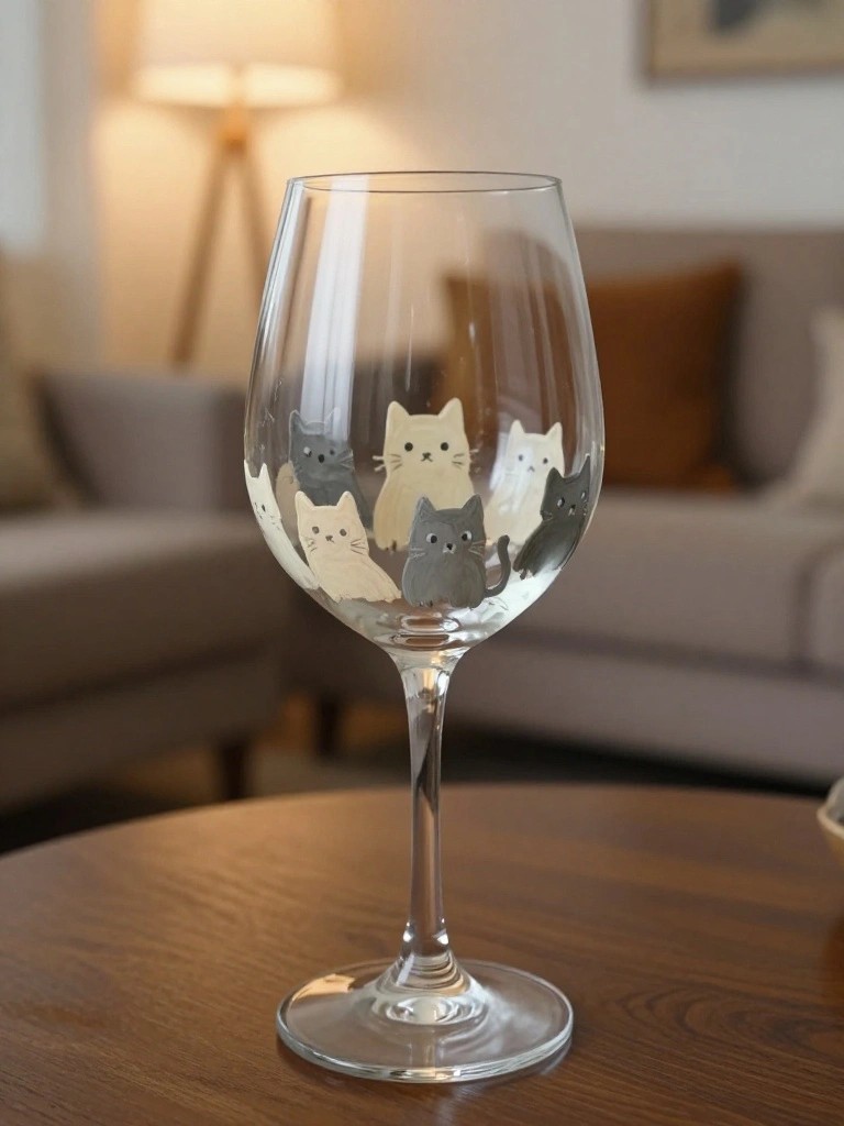 Stemmed wine glass with multiple gray and white cat illustrations on wooden table