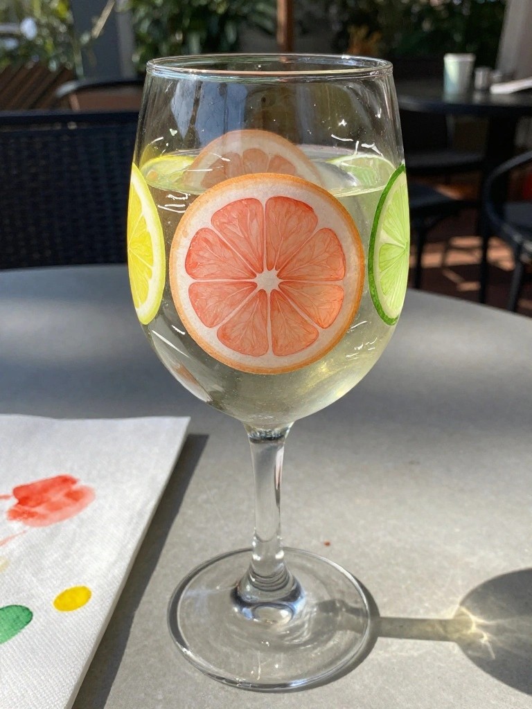A clear wine glass painted with lemon, grapefruit, and lime slices sits filled with liquid on a gray table next to a watercolor napkin.