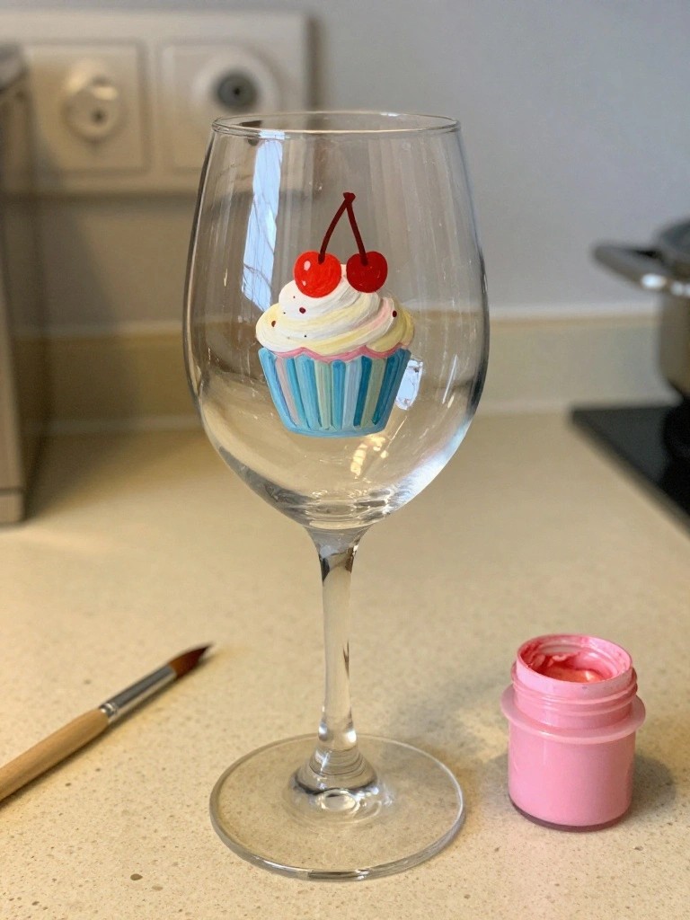 Wine glass with hand-painted cupcake and cherries beside paintbrush and pink paint jar