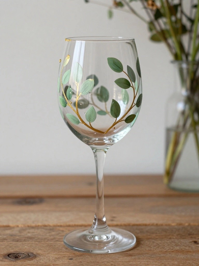 Wine glass painted with green leaves and gold branches on wooden table.