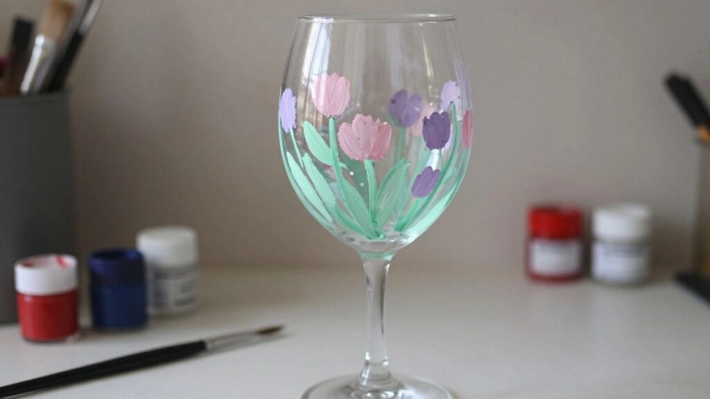 20 Cute Wine Glass Painting Ideas Perfect for Handmade Hostess Gifts Wine glass hand-painted with pink and purple flowers beside paint pots