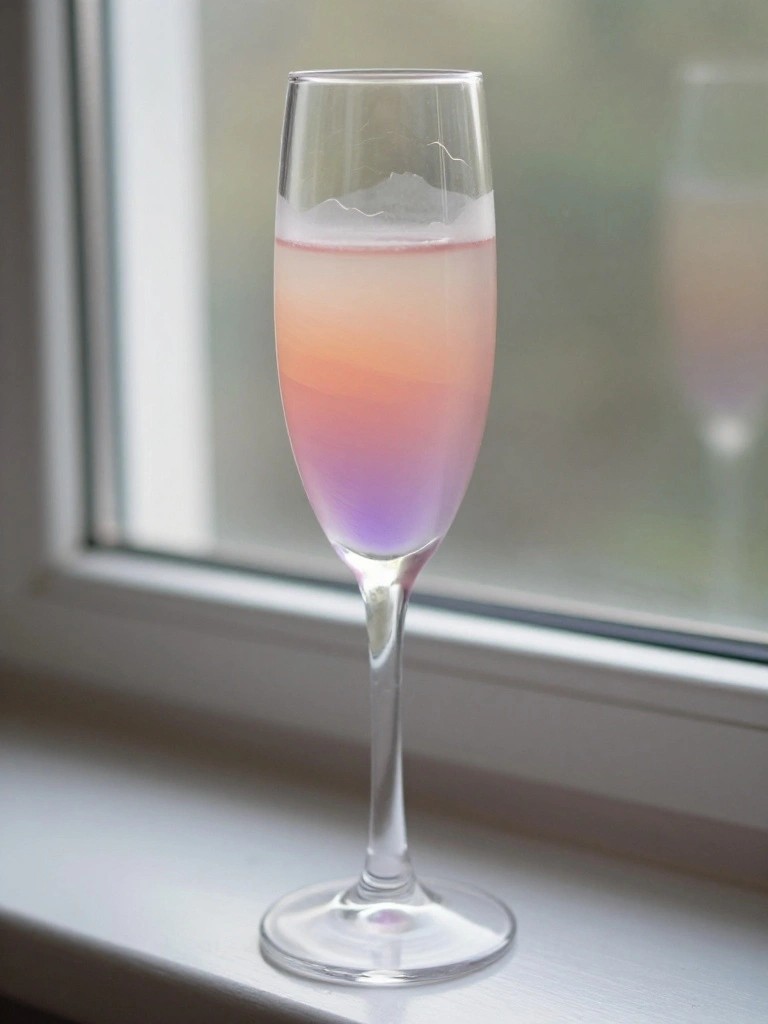 Champagne flute with purple-pink-orange gradient drink and foam on windowsill.
