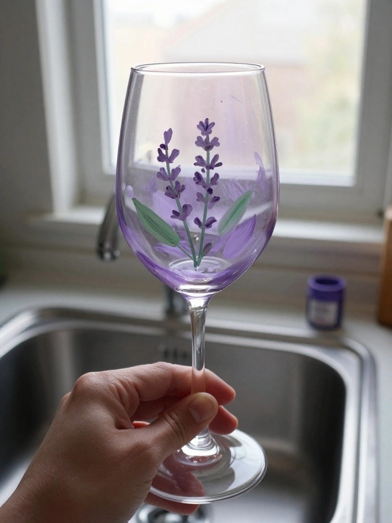 Hand holding wine glass with purple lavender floral design above kitchen sink