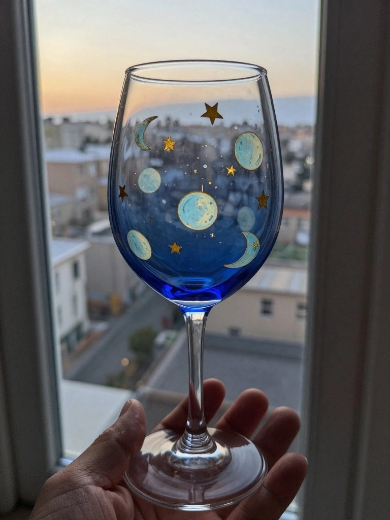 Hand holding blue wine glass painted with gold stars and moons