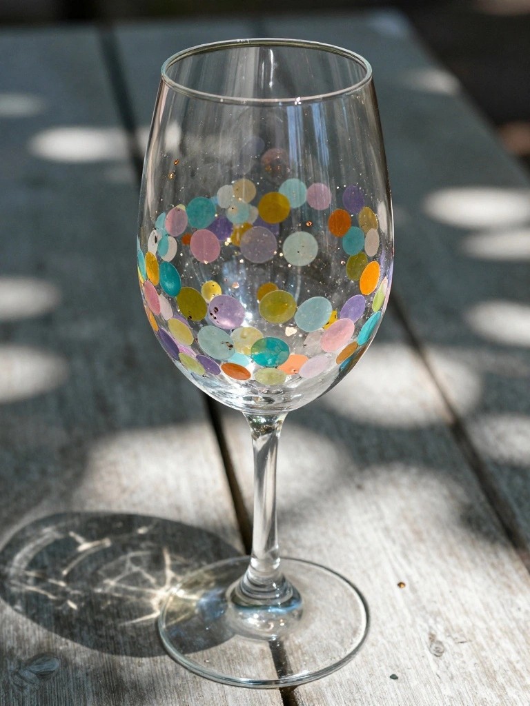 Stemmed wine glass with colorful polka dots on sunlit wooden table.