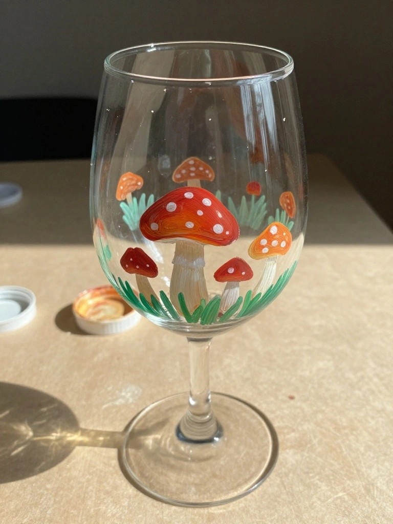 A clear stemmed wine glass with red and orange spotted mushrooms and green grass painted on the lower bowl.