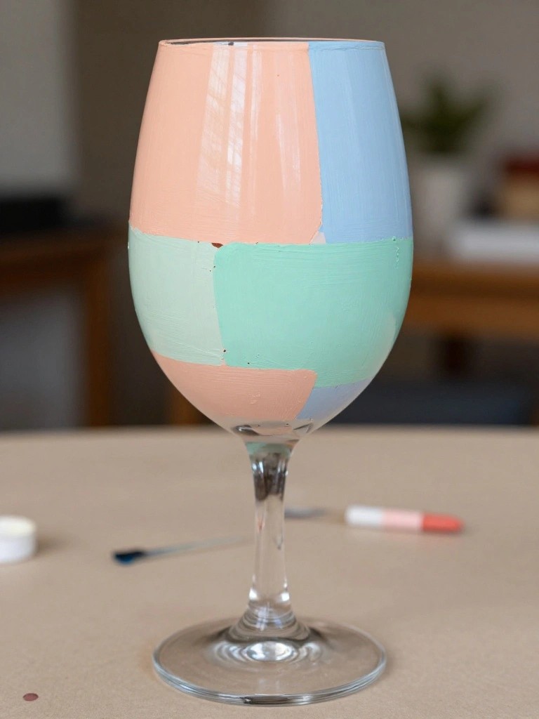 A clear wine glass with large painted sections in peach, light blue, and mint green.