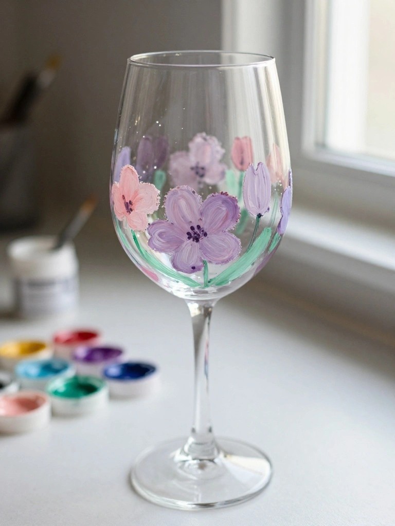 Wine glass hand-painted with pink and purple flowers beside paint pots