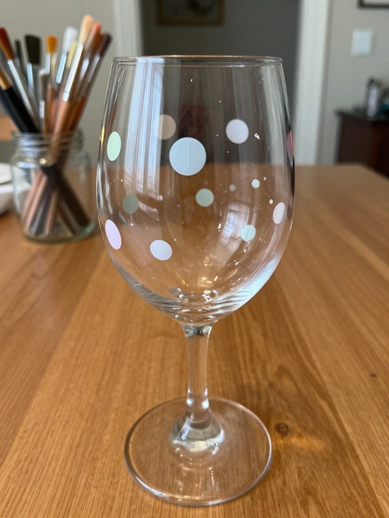 Clear wine glass with pastel polka dots on wooden table near paintbrushes.