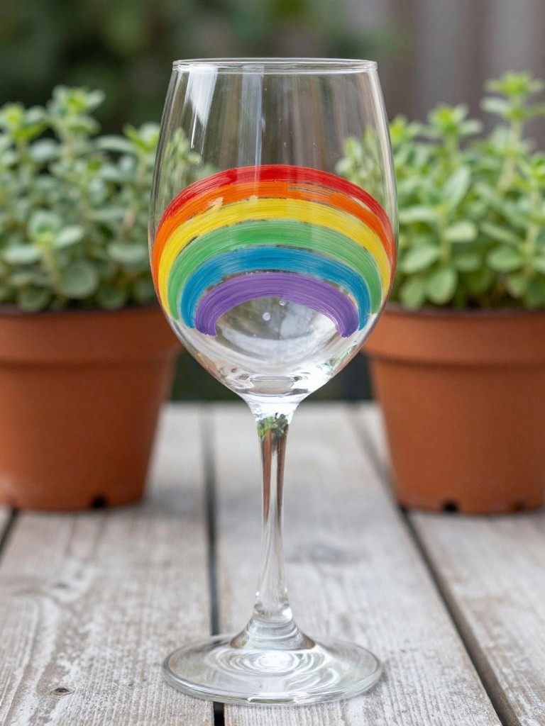 A clear wine glass with a rainbow painted in curved stripes across the bowl sits on a wooden table.