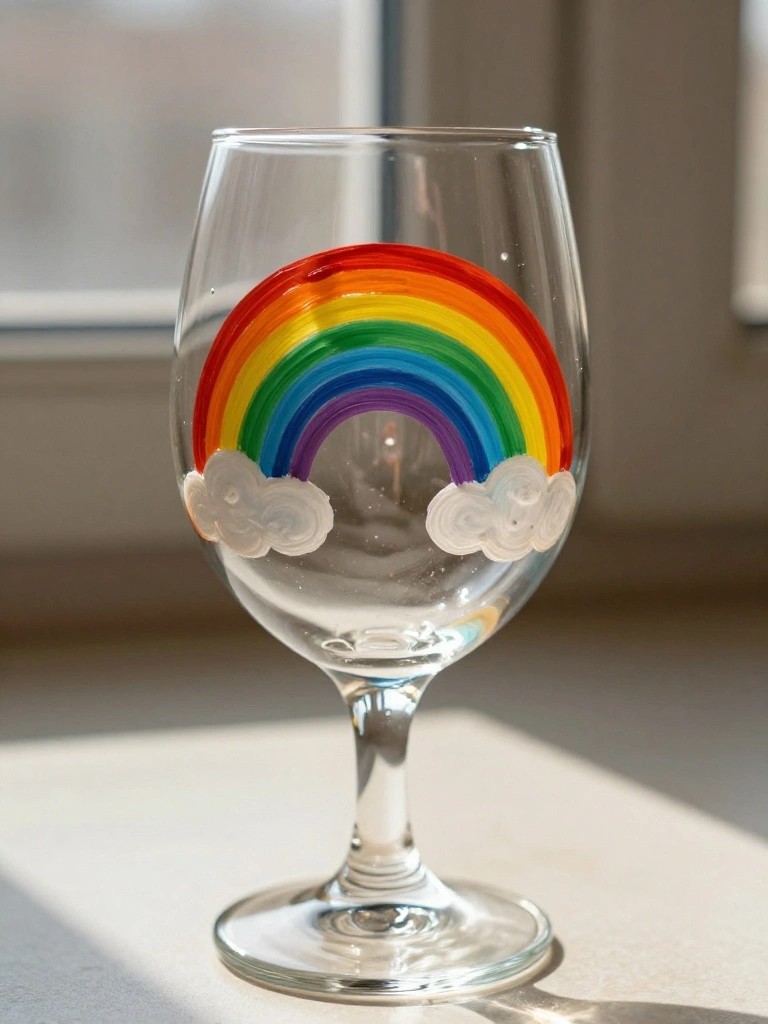 Clear wine glass with vibrant rainbow and white clouds painted on bowl