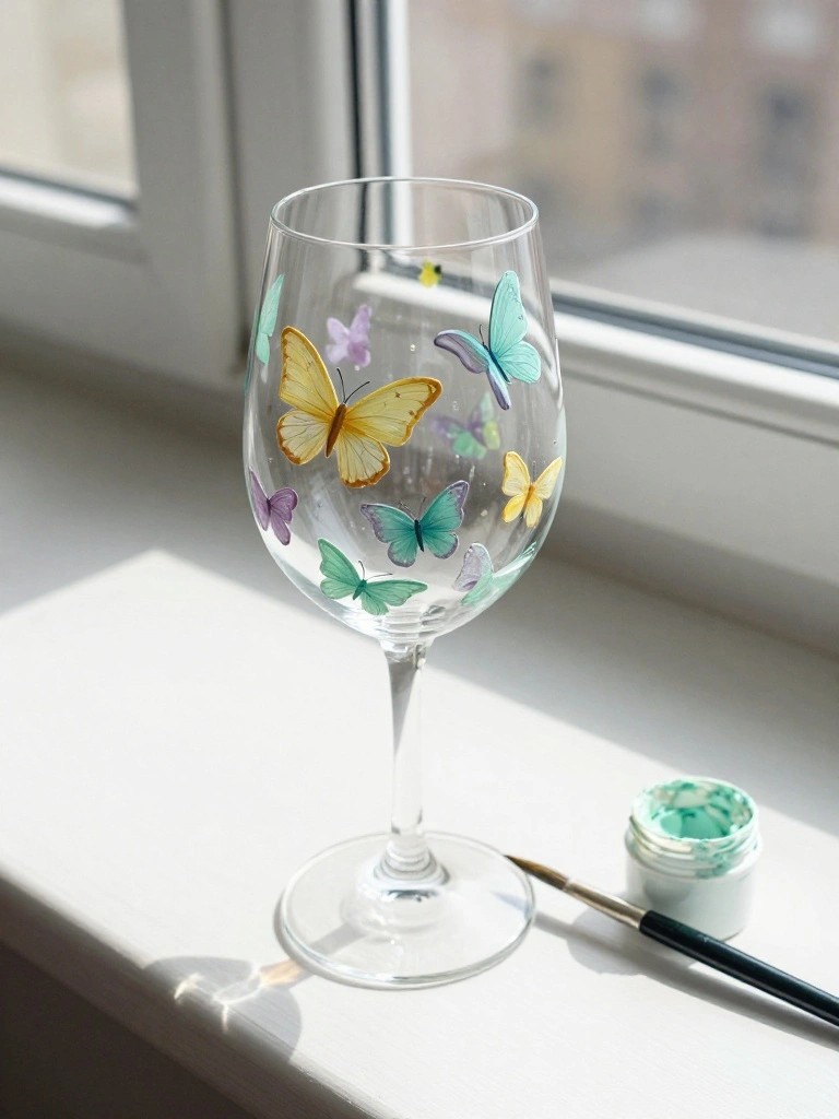 Wine glass with colorful butterfly paintings beside paint jar and brush on windowsill