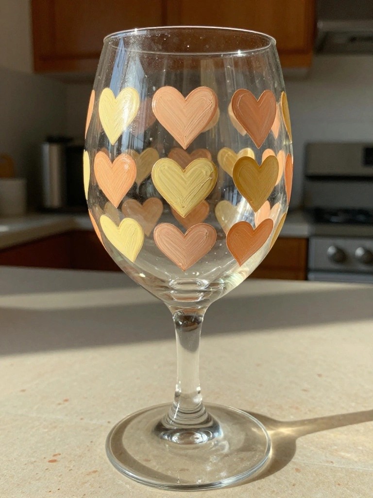 A clear stemmed wine glass with hearts painted in yellow, peach, and orange tones scattered around the bowl.