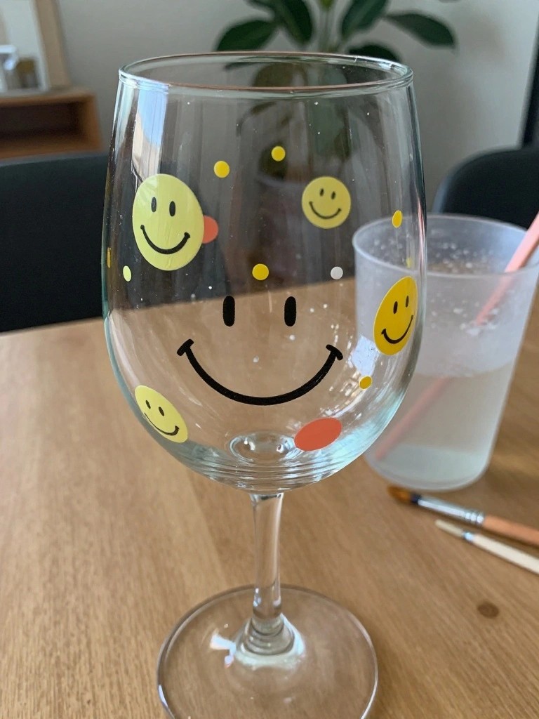 Wine glass adorned with yellow smiley faces and dots on wooden table