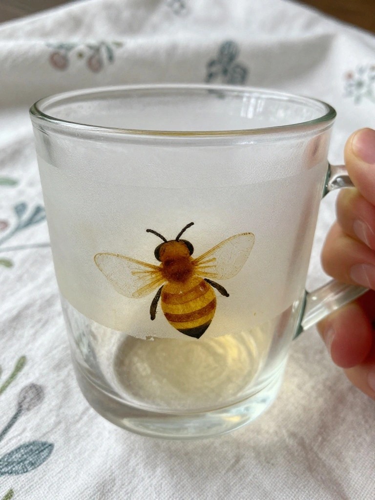 Hand holding clear glass mug with yellow-black bee on frosted band