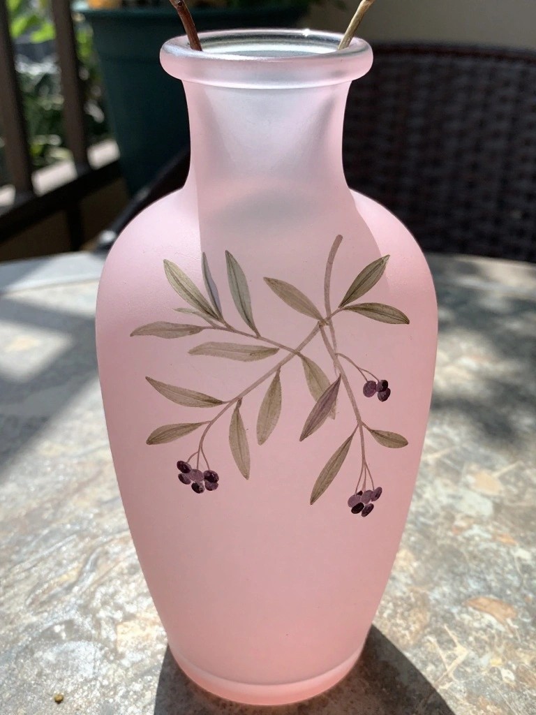 Pink frosted vase with painted branch, green leaves, and purple berries.