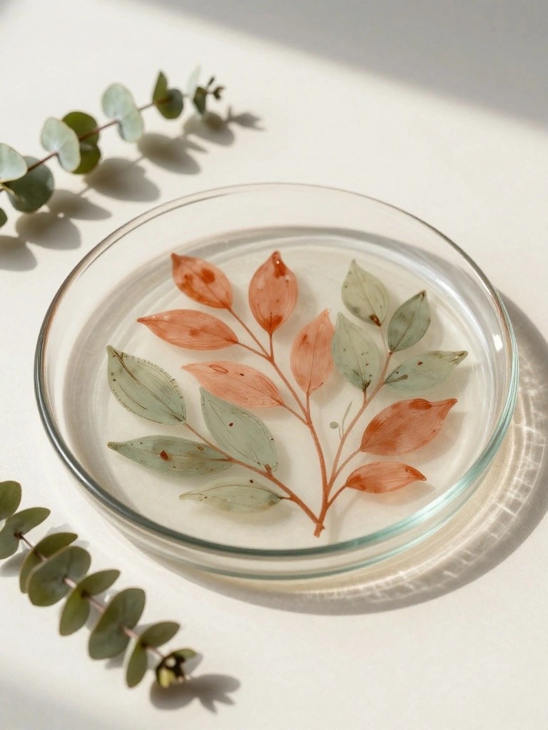 Round glass bowl with orange and green leaf branch amid eucalyptus sprigs on white surface