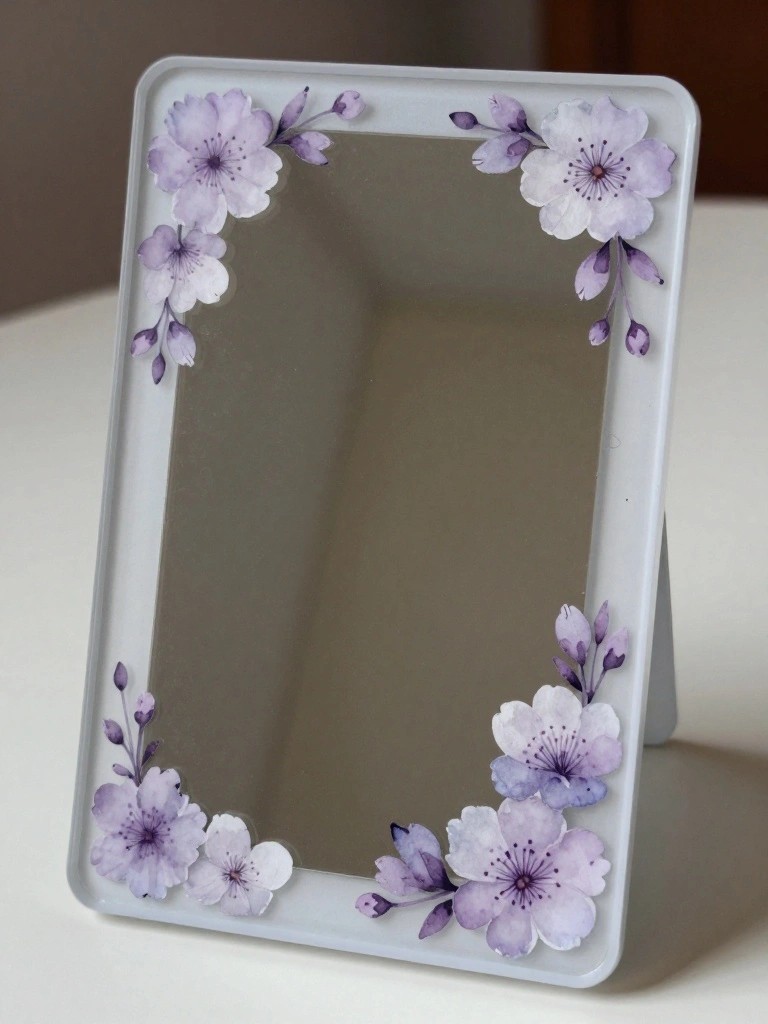 White-framed rectangular mirror with purple cherry blossom corner decorations